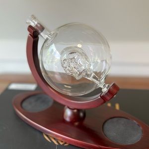 Skull Whiskey decanter set, wood stand with two glasses